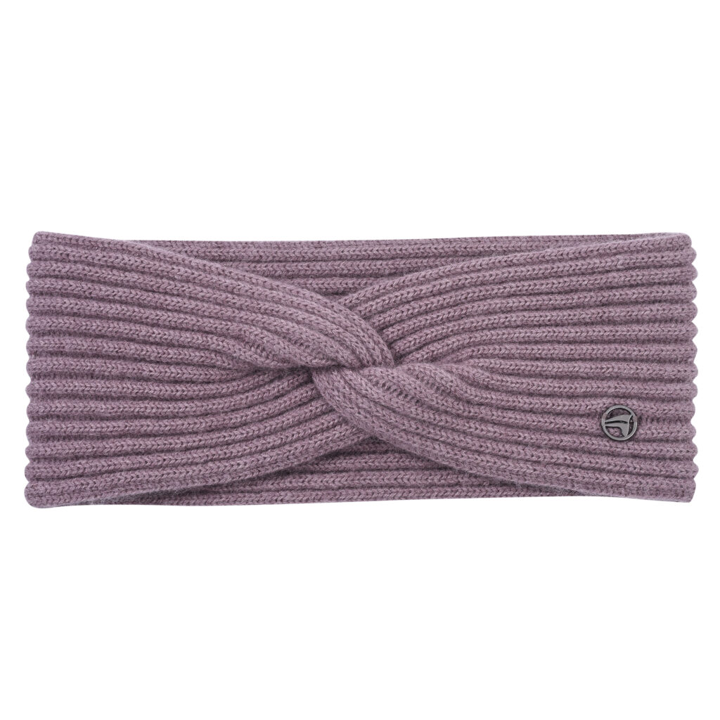 Vaalean liila neulepanta, edessä solmu neulos.